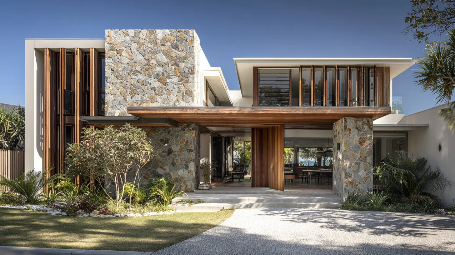 Shaded outdoor terrace with timber louvres filtering afternoon light, Sunshine Coast hinterland visible through framed opening, warm materiality and dappled shadows